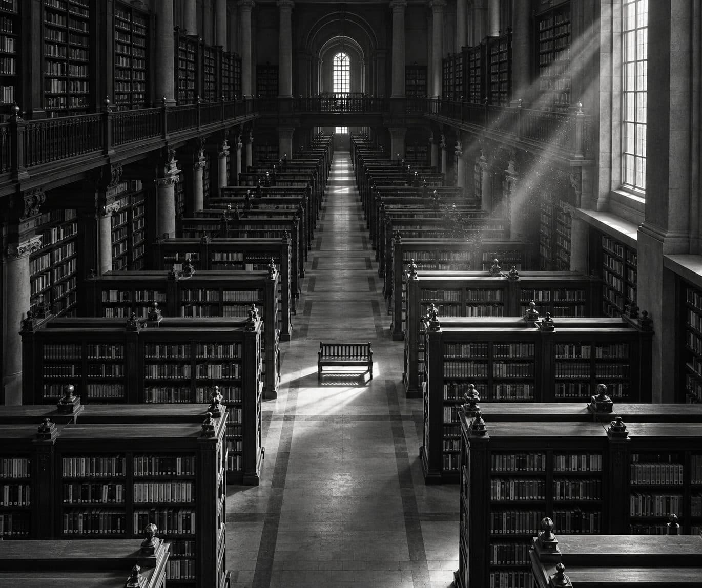 Biblioteca monumental vista de cima, corredores de estantes escuras e um único banco de leitura vazio no centro, sob um facho de luz que entra por uma janela alta.