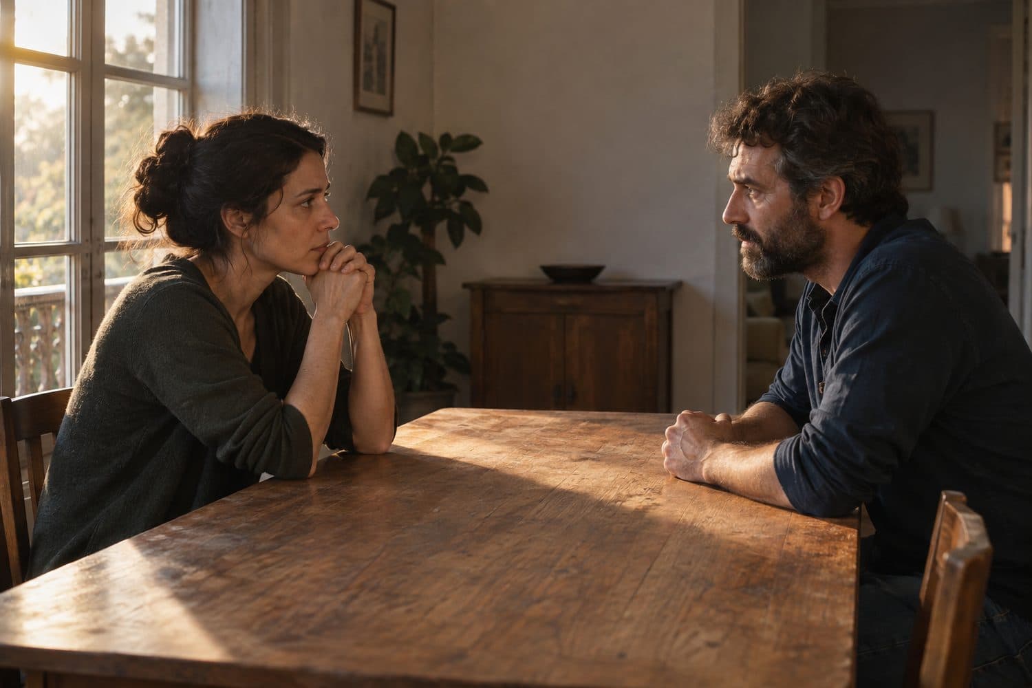 Uma mulher e um homem sentados frente a frente a uma mesa de madeira, sem telas, em silêncio, sob a luz de fim de tarde que entra pela janela; os dois se olham com expressão atenta e séria.