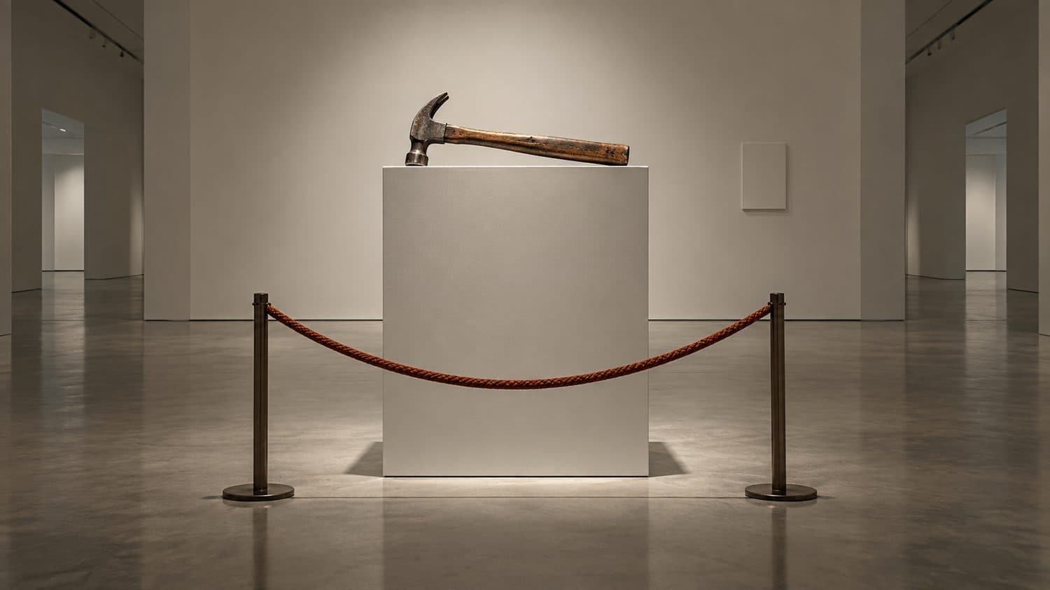 Um martelo de carpinteiro gasto, exposto sozinho sobre um pedestal branco de museu, sob luz de spot, isolado por um cordão terracota, numa sala de galeria vazia.
